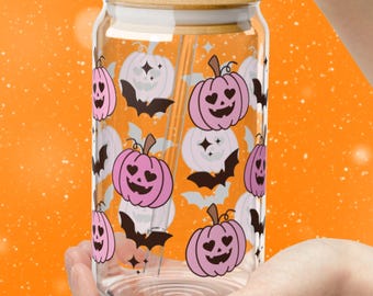 Halloween Iced Coffee Cup, Pink Pumpkins Iced Coffee Glass Cup, Glass Tumbler, Halloween Party Tumbler, Trendy Glass Can Ice Coffee Gift