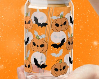 Halloween Iced Coffee Cup, Cute Pumpkins Iced Coffee Glass Cup, Glass Tumbler, Halloween Party Decor, Trendy Glass Can Ice Coffee Gift