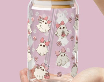 Halloween Iced Coffee Cup, Spooky Ghost Iced Coffee Glass Cup, Glass Tumbler, Halloween Party Tumbler, Cute Ghost Glass Can Ice Coffee Gift