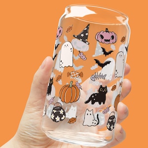 Halloween Iced Coffee Cup, Spooky Season Iced Coffee Glass Cup, Glass Tumbler, Halloween Party Tumbler, Trendy Glass Can Ice Coffee Gift