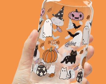 Halloween Iced Coffee Cup, Spooky Season Iced Coffee Glass Cup, Glass Tumbler, Halloween Party Tumbler, Trendy Glass Can Ice Coffee Gift