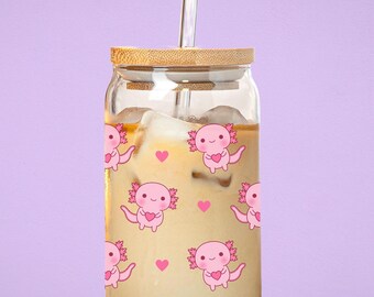 Axolotl Iced Coffee Cup, Iced Coffee Glass Cup, Cute Axolotl Glass Tumbler, Pink Axolotl Theme Party Tumbler, Glass Can With Lid and Straw