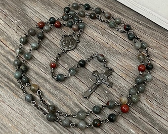 African Bloodstone Gunmetal Catholic Rosary - Catholic Rosary - Holy Rosary - Men's Gift