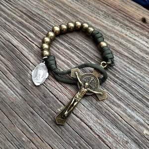 Olive Drab/Military Green Paracord, Antique Bronze Pocket Rosary - Flared Edge St Benedict Crucifix - Confirmation Gift - Military Rosary