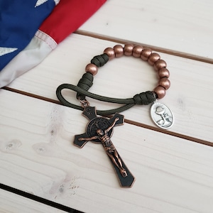 Olive Drab/Military Green Paracord Copper Pocket Rosary - Flared Edge St. Benedict Crucifix - Catholic Rosary - Paracord Rosary