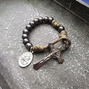 Camo Paracord, Gunmetal Pocket Rosary - Flared Edge St. Benedict Crucifix - Catholic Rosary - Baptism Gift - Catholic Gift - Confirmation