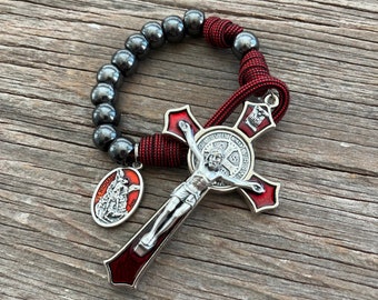 Red Paracord, Gunmetal Pocket Rosary - Red flared St. Benedict Crucifix - Decade Rosary - Catholic Rosary