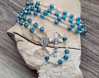 Topaz and silver faceted glass Catholic Rosary