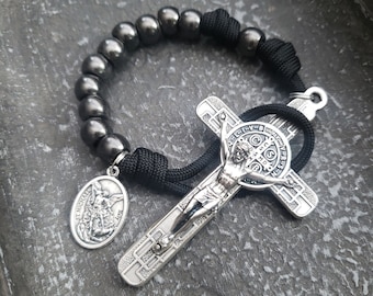 Black Paracord, Gunmetal Pocket Rosary - Mosaic St Benedict