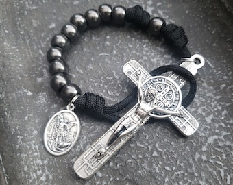 Black Paracord, Gunmetal Pocket Rosary - Mosaic St Benedict Crucifix - Catholic Rosary - Decade Rosary