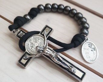 Black Paracord Gunmetal Pocket Rosary - St Benedict Black Inlay Crucifix - Catholic Rosary - Decade Rosary