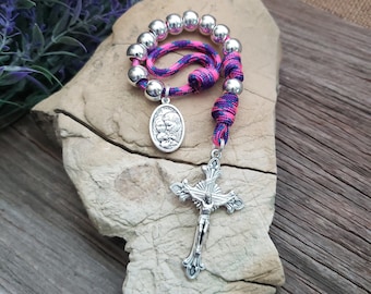 Purple Pink & Blue Paracord, Silver Pocket Rosary - Sunburst Crucifix - Catholic Decade Rosary - Girls Rosary