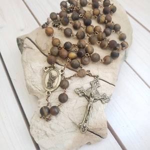 Tigers Eye Antique Bronze St. Michael Rosary - Catholic Rosary - Catholic Gift - Baptism Gift - Communion Gift - Battle Rosary -