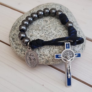 Thin Blue Line, Gunmetal Police Pocket Rosary Blue Enamel St. Benedict ...