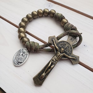 Camo Antique Bronze Pocket Rosary - Flared Edge St Benedict Crucifix - Catholic Rosary - Decade Rosary - Confirmation Gift - Military Rosary