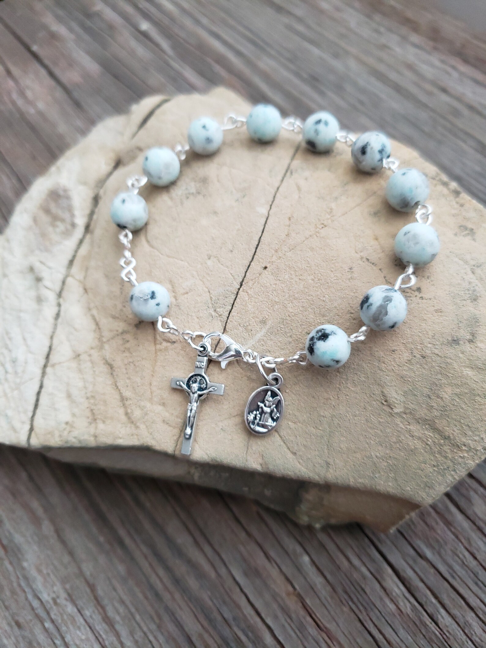 Rosary Bracelet Sesame Jasper Stone Silver Finish Etsy