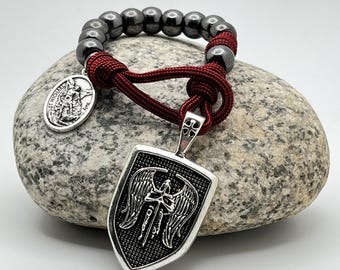 Silver Saint Michael Red Paracord, Gunmetal Pocket Rosary - Catholic Rosary - FHC Gift - Rosary For Men - Baptism Gift - St Michael Rosary