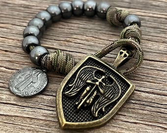 Antique Bronze Saint Michael Camo Paracord, Gunmetal Pocket Rosary - Catholic Rosary - FHC Gift - Rosary For Men - St Michael Rosary
