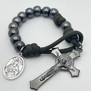 Olive Drab/Military Green Paracord, Gunmetal Pocket Rosary - Flared Edge St. Benedict Crucifix - Paracord Rosary - Rosary for Men - Baptism