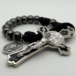 Black Paracord, Gunmetal Pocket Rosary - Scalloped Black Enamel St Benedict Crucifix - Catholic Rosary - Paracord Rosary - Catholic Gift