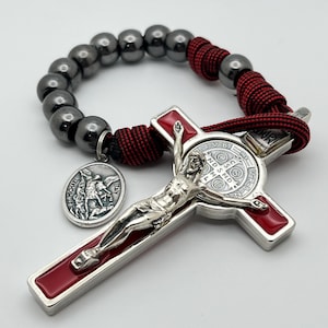 Red Paracord, Gunmetal Pocket Rosary - Red Squared St. Benedict Crucifix - Decade Rosary - Catholic Rosary - Strong Rosary - Paracord Rosary