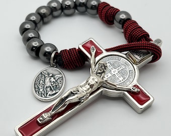 Red Paracord, Gunmetal Pocket Rosary - Red Squared St. Benedict Crucifix - Decade Rosary - Catholic Rosary - Strong Rosary - Paracord Rosary