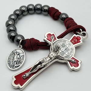 Red Paracord, Gunmetal Pocket Rosary - Red Scalloped Enamel St. Benedict Crucifix - Decade Rosary - Catholic Rosary  - Paracord Rosary