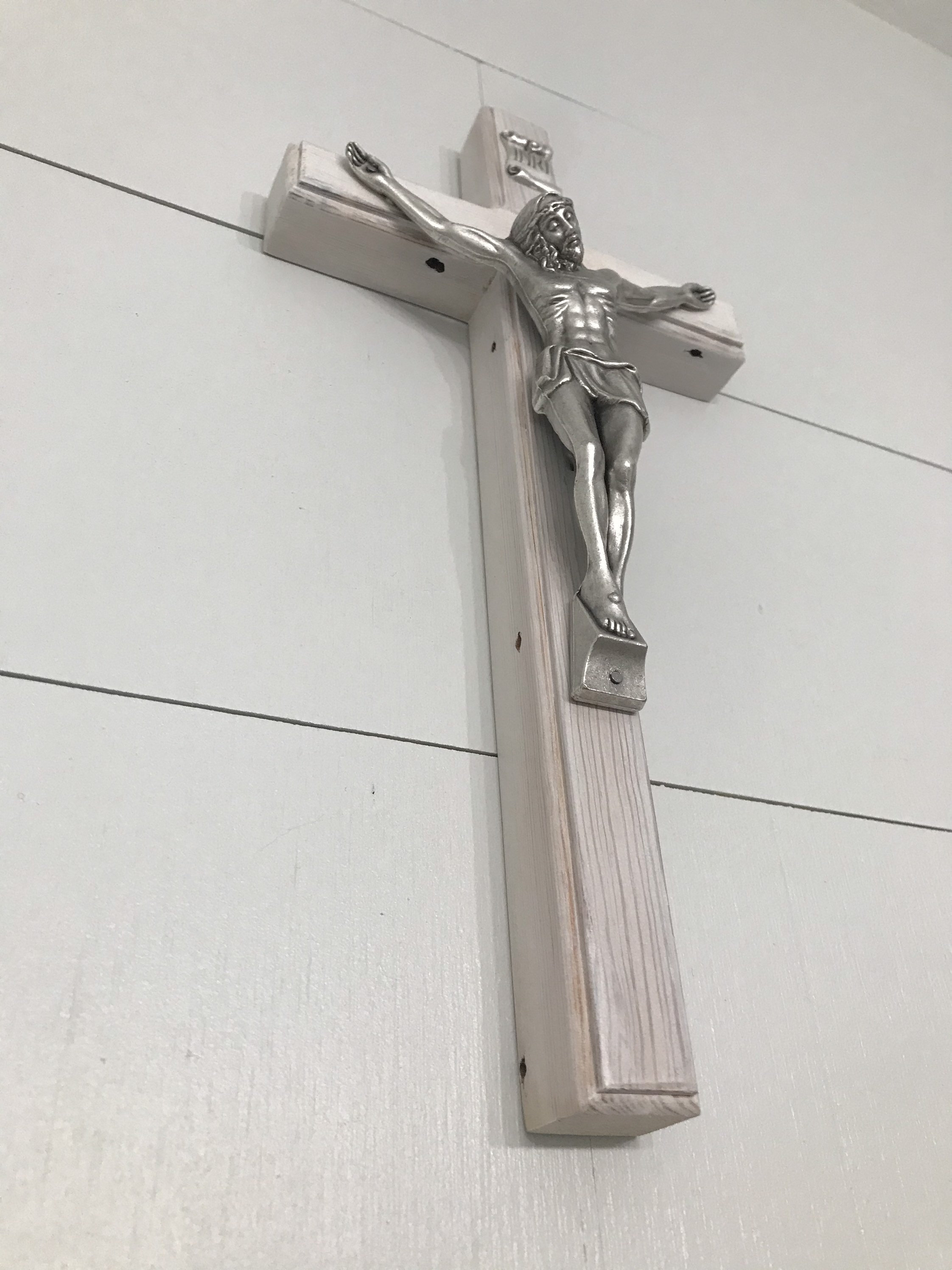 12 Wall Crucifix Reclaimed Barn Wood Whitewashed Silver Etsy