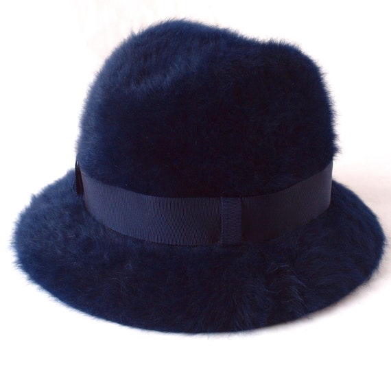 Vintage hat, Navy blue Fur Hat, Kangol cloche buc… - image 3