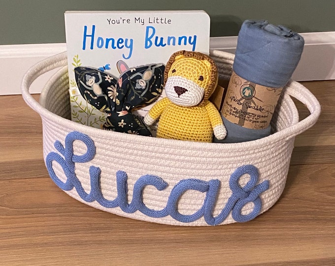 Personalized Baby Shower Gift Basket, Easter Basket, Customized Rope Name Basket, Monogram Gift, Baby Girl Gift, Toy Name Basket, Dog Gift