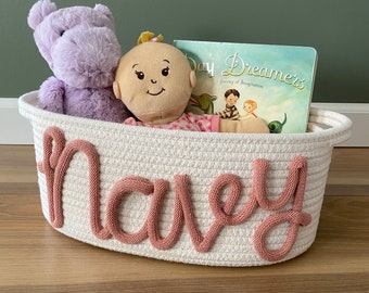 Personalized Gift Basket with Name in Eco Friendly Rope for Baby Shower Gifts, Dog Toy Storage, Playroom Organization & Playroom Storage