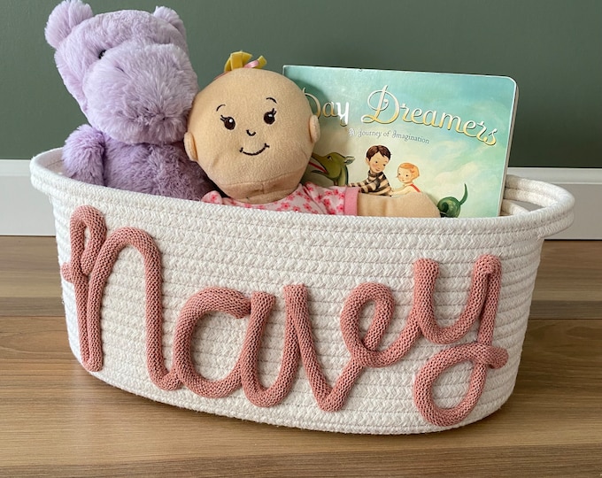 Personalized Gift Basket with Name in Eco Friendly Rope for Baby Shower Gifts, Dog Toy Storage, Playroom Organization & Playroom Storage