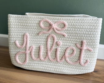 Personalized Name Basket with Bow, Baby shower gift basket, Monogram Basket, Custom basket, Crochet Knitted Rope Basket