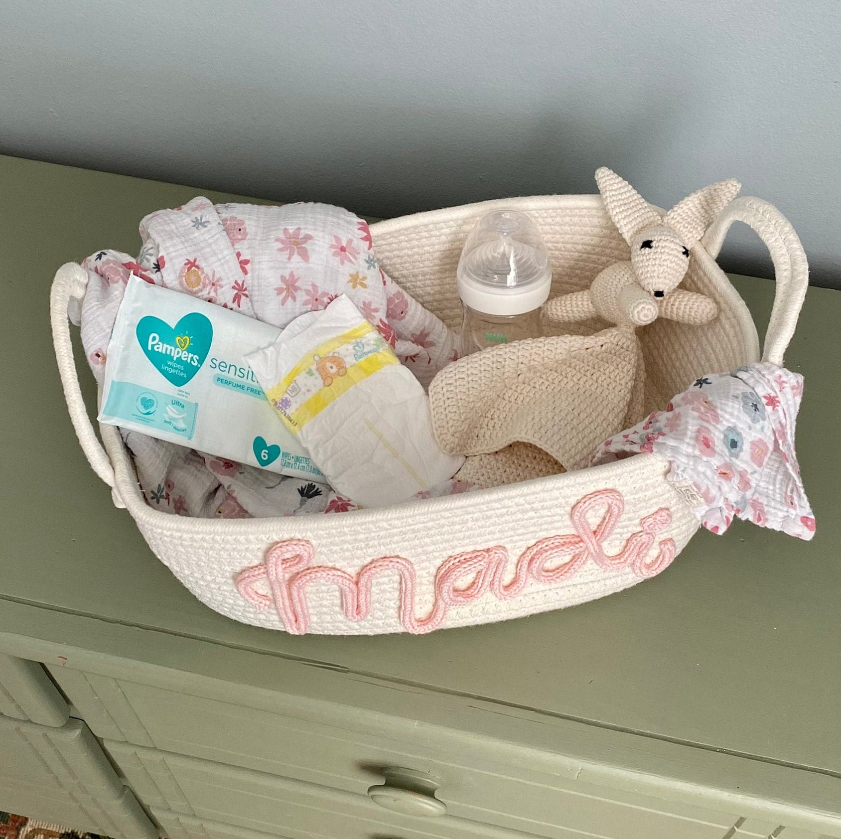 Baby Shower Gift Basket, Customized rope Basket, Custom name basket