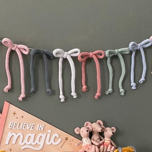 Knitted Bow Garland, Crochet Bow Bunting, Nursery Wall Art, Yarn Bow Decor, Cottage Core Decoration, Baby Girl Shower Gift