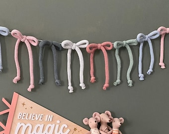 Knitted Bow Garland, Crochet Bow Bunting, Nursery Wall Art, Yarn Bow Decor, Cottage Core Decoration, Baby Girl Shower Gift