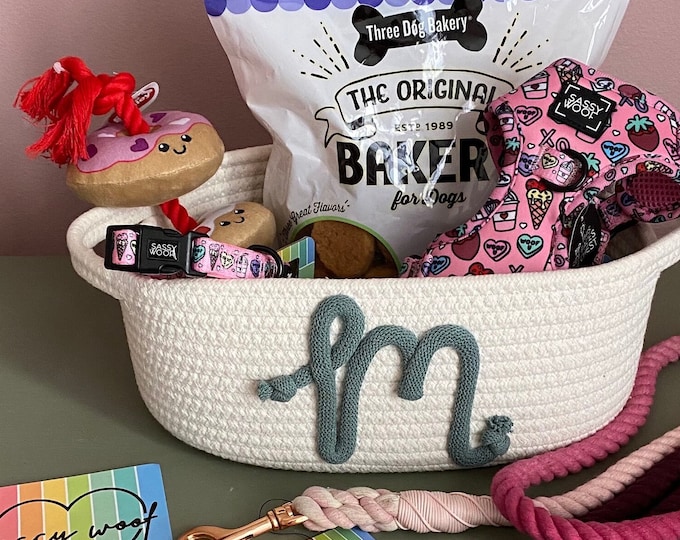 Initial Basket, Baby Shower Gift Basket, Rope Name Basket, Monogram storage, Dog Gift Basket, Toy storage, Teacher Gift Basket