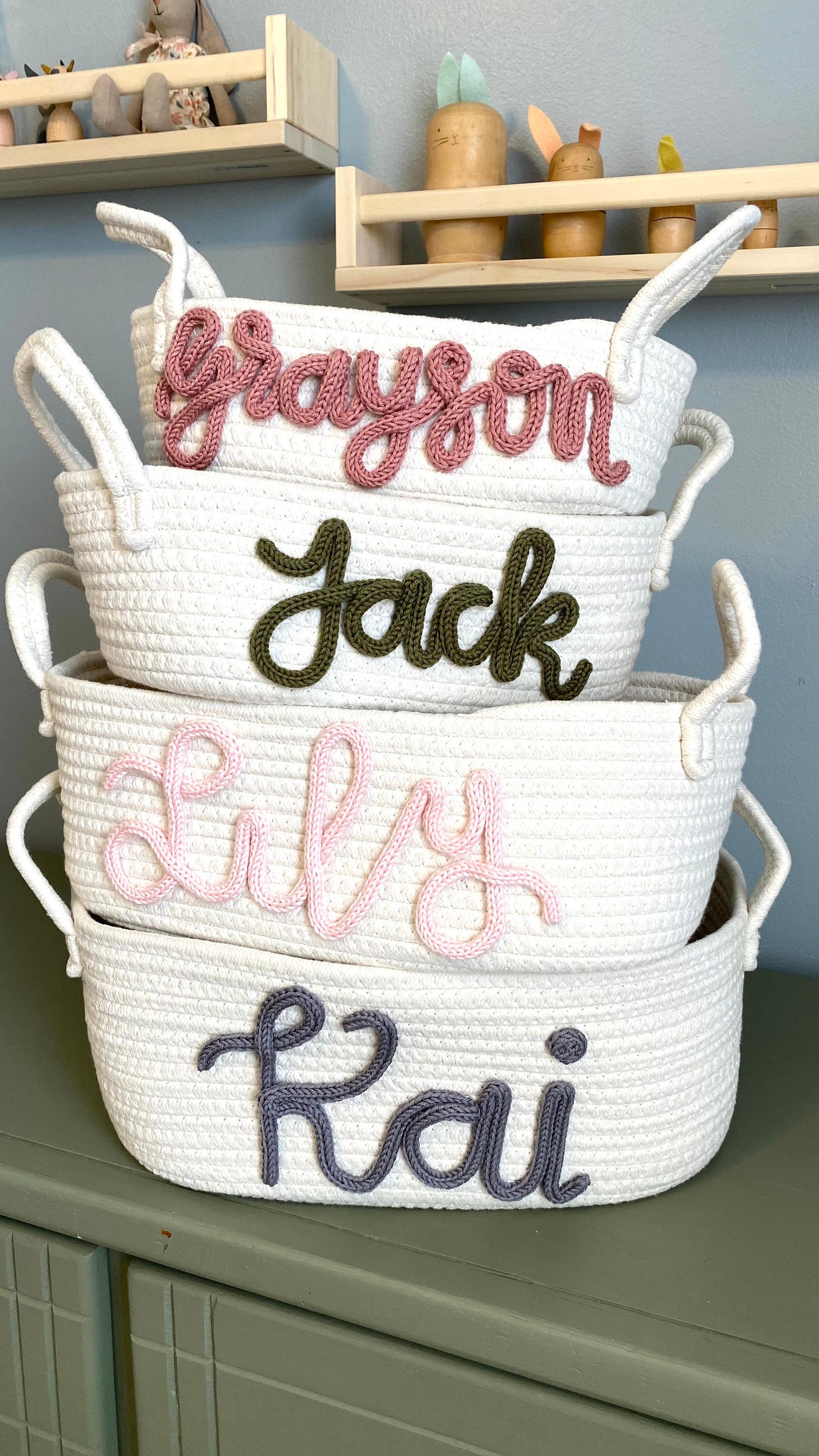 Baby Shower Gift Basket, Customized rope Basket, Custom name basket