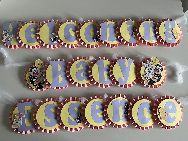 May include: A pink and yellow baby shower banner with the words "Welcome Baby Essence" and cartoon characters from the Looney Tunes.