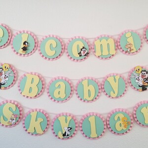 May include: A baby shower banner with a green and yellow color scheme. The banner says "Welcome Baby Skylar" and features cartoon characters from the Looney Tunes.