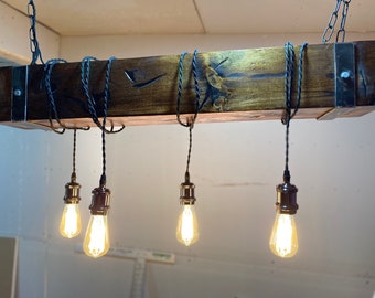 May include: A rustic wooden beam chandelier with four exposed filament light bulbs hanging from black cords. The beam is stained a dark brown and has metal brackets on each end.