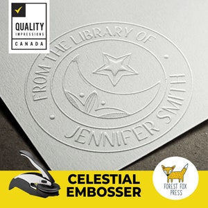 TOP SELLER - 1-5/8 inch Celestial Book Embosser Stamp: Star & Moon Personalized Library Seal