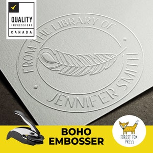 TOP SELLER - 2&quot; Boho Book Embosser Stamp, Embossing Seal, Custom letter Seal, Personalized Library Sealer, Feather Embosser