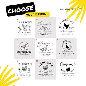 May include: Nine different designs for a farm fresh egg logo. Each design features a different farm animal, including chickens, ducks, and turkeys. The logos are all in black and white and feature the name "Cameron's" or "Cameron Farm".