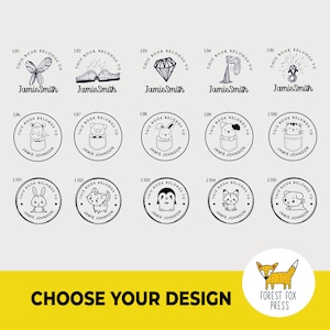 May include: A set of 15 black and white bookplate designs featuring various animals and objects. The designs are circular and include the text "This book belongs to". The designs are labeled with numbers L91 through L105. The text "Choose your design" is at the bottom of the image, along with the logo "Forest Fox Press".
