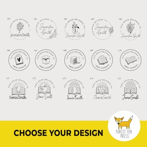 May include: A set of 15 black and white bookplate designs featuring various illustrations, including flowers, books, a heart, a lightbulb, an apple, a drop of water, a globe, and a plant. The text "This book belongs to" is included in each design. The designs are numbered L61 through L75.