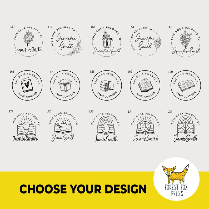 May include: A set of 15 black and white bookplate designs featuring various illustrations, including flowers, books, a heart, a lightbulb, an apple, a drop of water, a globe, and a plant. The text "This book belongs to" is included in each design. The designs are numbered L61 through L75.