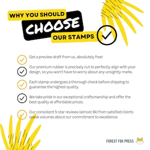 May include: A yellow and black graphic with a checkmark and the text "WHY YOU SHOULD CHOOSE OUR STAMPS". The graphic lists five reasons why you should choose their stamps, including free previews, high quality, and excellent customer service.