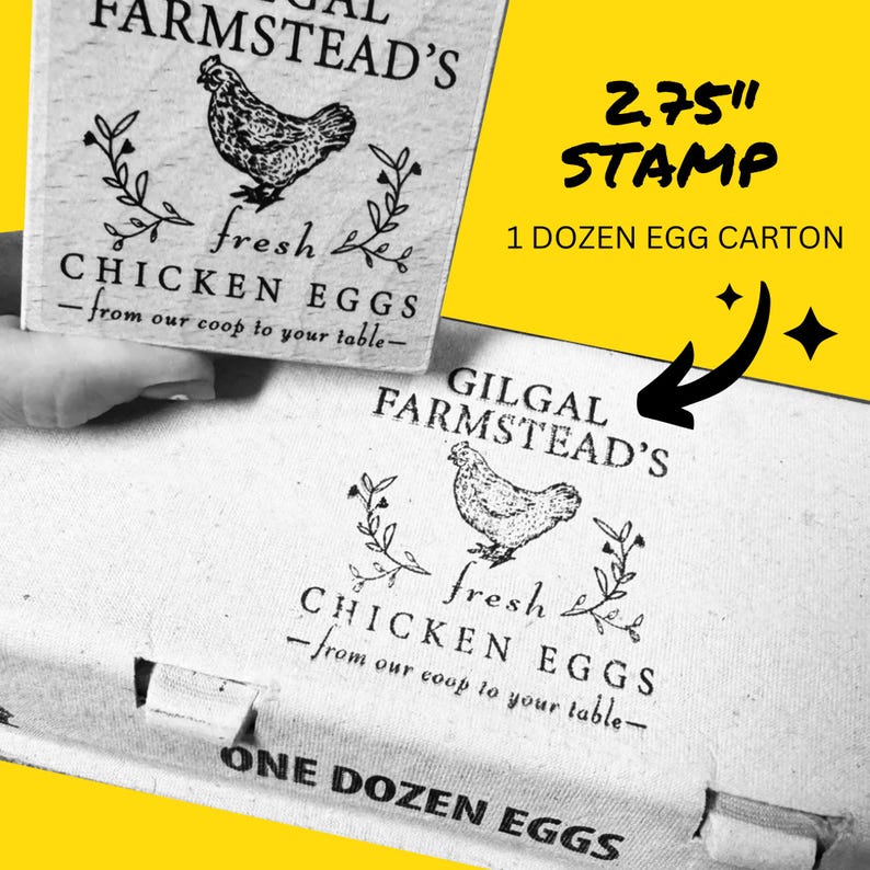 May include: A black and white rubber stamp with the text "Gilgal Farmstead's Fresh Chicken Eggs - from our coop to your table" and a black and white illustration of a chicken. The stamp is 2.75 inches in diameter and is designed for use on egg cartons.