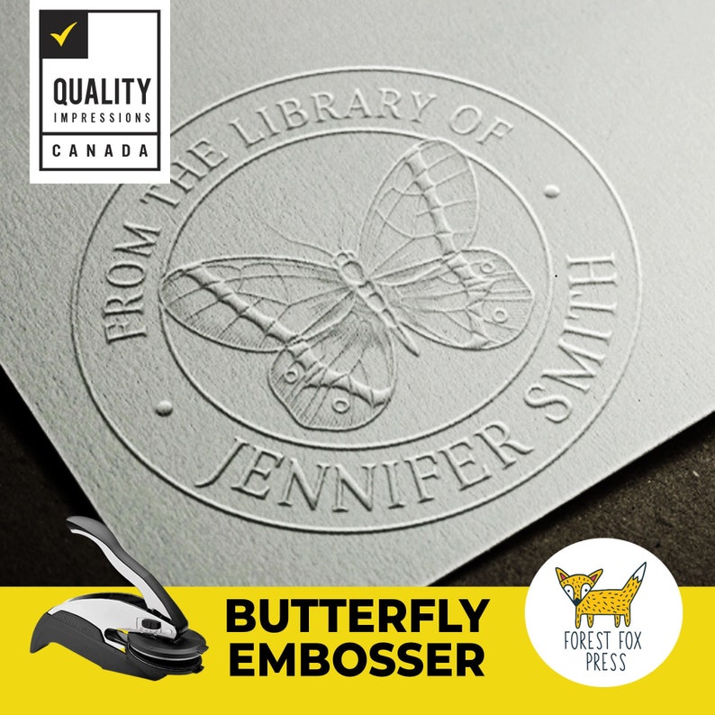 May include: A silver butterfly embosser with a handle. The embosser creates a circular design with a butterfly, the text "From the Library of Jennifer Smith", and a small circle. The embosser is on a yellow background with the text "Butterfly Embosser" in black.
